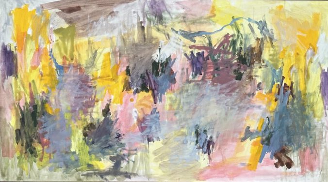 Vielfarbige abstrakte Pinselstriche auf einer HDF-Platte gemalt mit Eitemperafarbe
