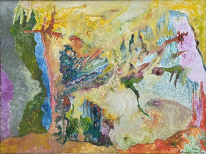 Spuk im Frühling ist der Titel des hier abgebildeten Gemäldes von Bernard Schultze, Öl auf Leinwand, 60 x 80 cm. In vielen Farben wird hier eine wechselvolle und lebendige Bildwelt fantasievoll dargestellt.