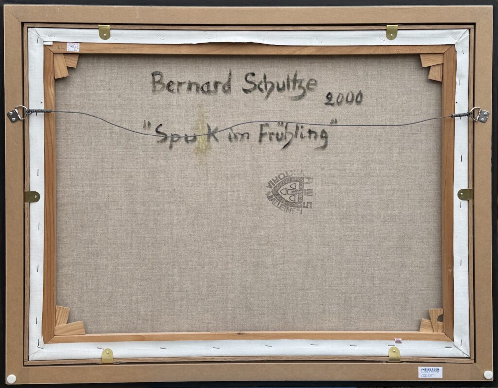 Rückseite von Spuk im Frühling mit dem Namen Bernard Schultze, Entstehungsjahr 2000 und Titel "Spuk im Frühling"